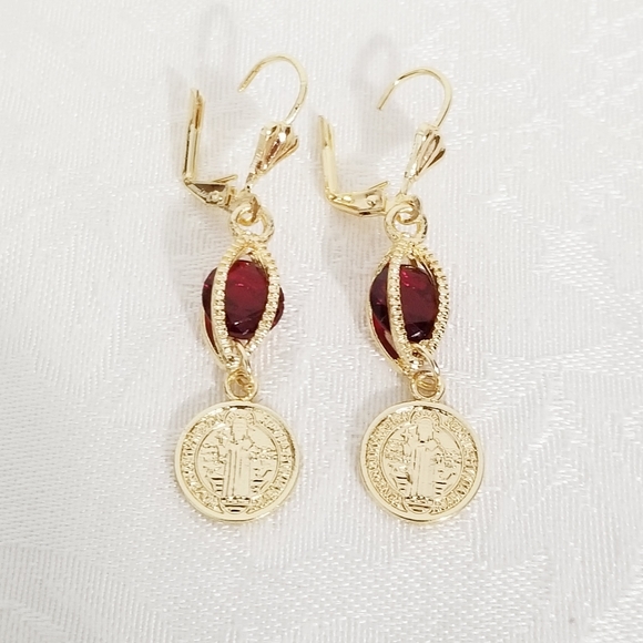 Saint Benedict Red Stone Women's Earrings. 14K Gold Plated. New - Picture 4 of 5